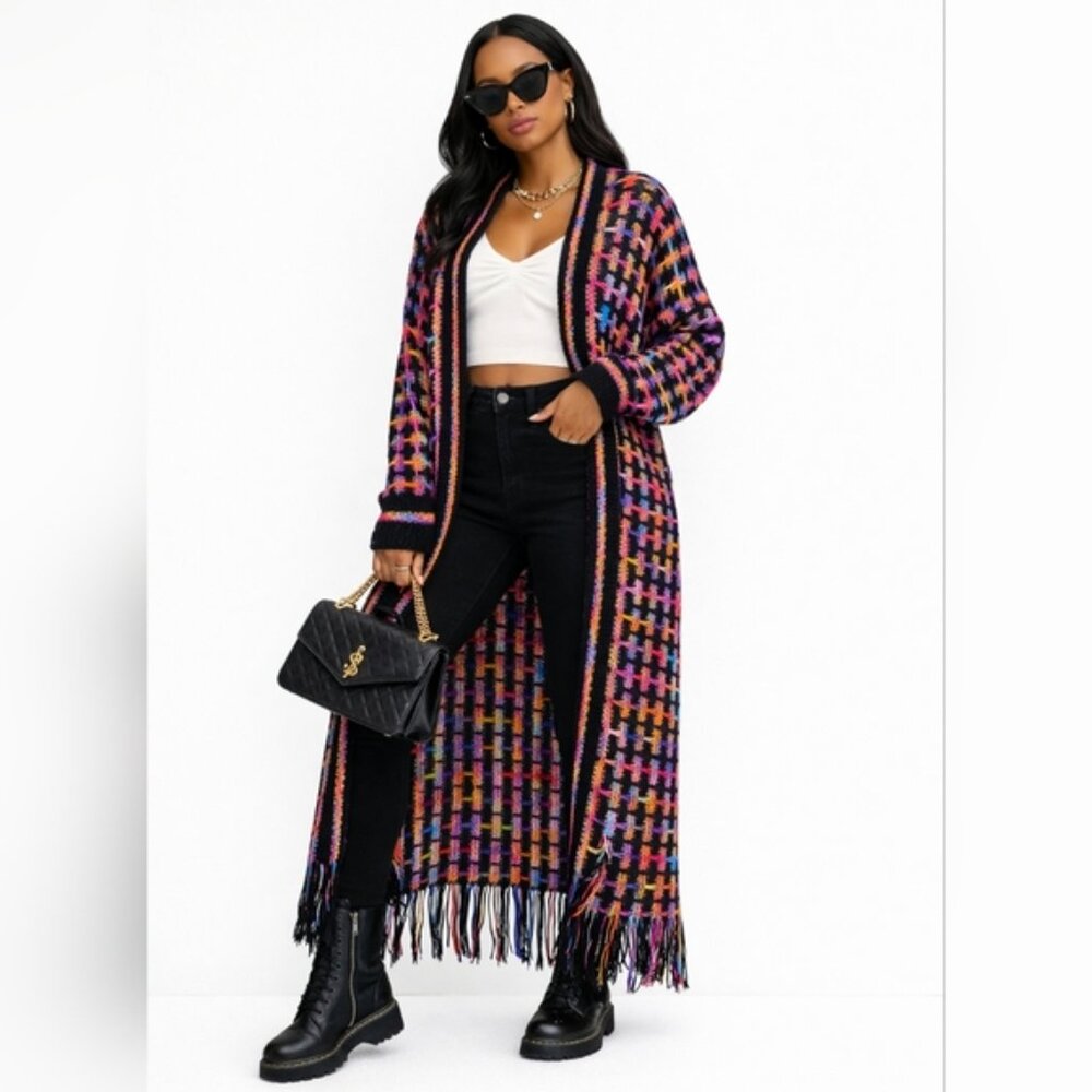 Multicolor Fringe Knit Duster Cardigan BOHO